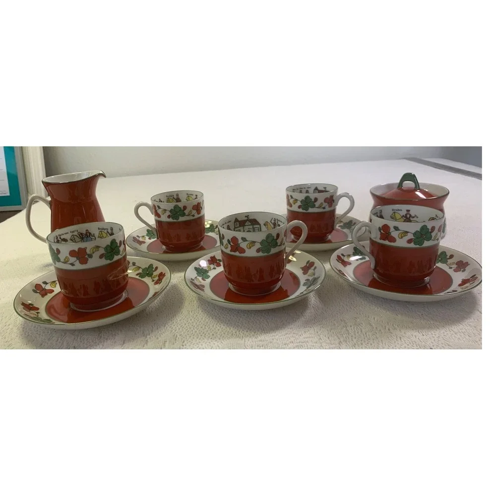 Vintage Noreg Norway Wedding Procession Porcelain Demitasse Set 12pc Red Floral